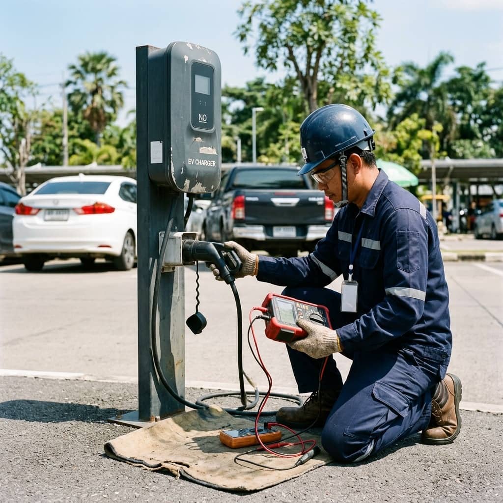 ภาพจำลองตัวอย่างเพื่อประกอบการอธิบาย: เครื่องมือทดสอบจำลองรถไฟฟ้า (EVSE Adapter) และการบำรุงรักษาตู้ชาร์จประจำปี