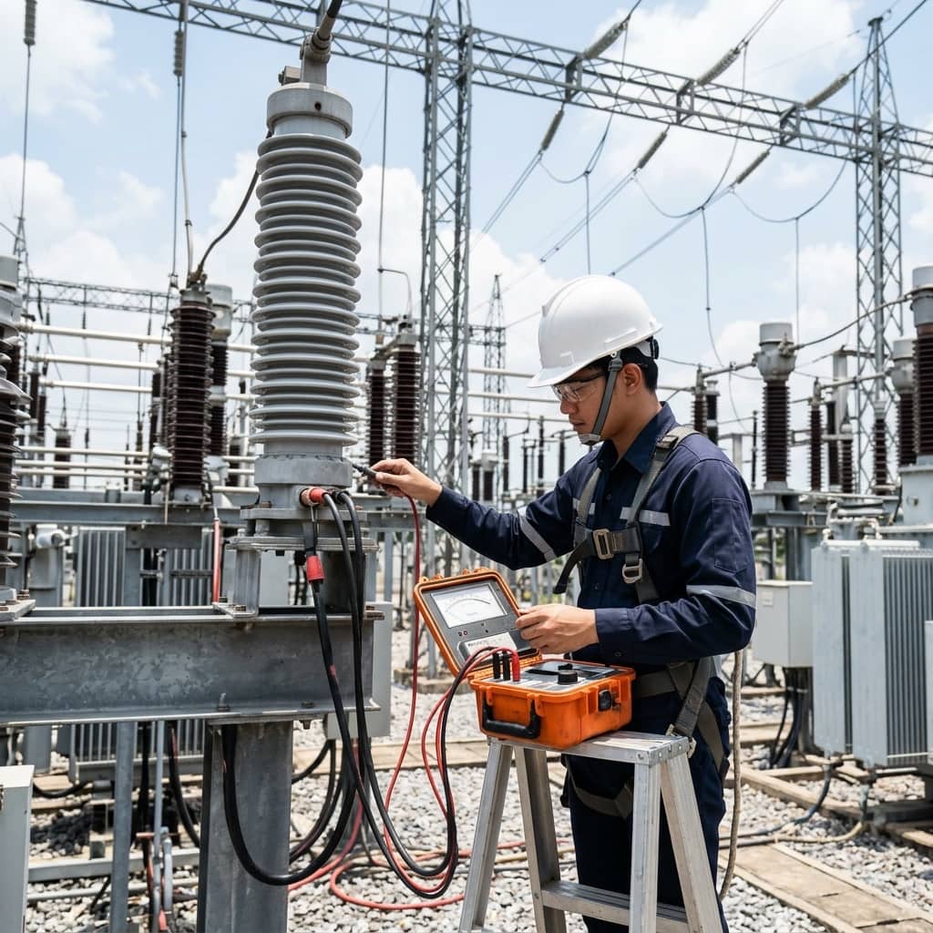 ภาพจำลองตัวอย่างเพื่อประกอบการอธิบาย: การทดสอบกับดักศรีกระแสเกิน (Surge Arrester / MOA) สำหรับระบบไฟฟ้าแรงสูง