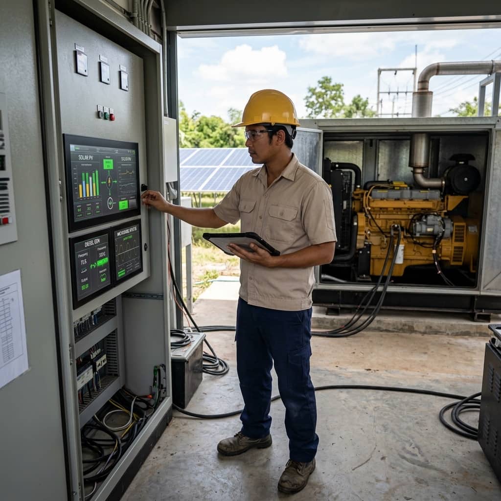 ภาพจำลองตัวอย่างเพื่อประกอบการอธิบาย: ระบบควบคุมไมโครกริด (Microgrid): การทำงานร่วมกันระหว่างโซลาร์เซลล์และเครื่องปั่นไฟดีเซล