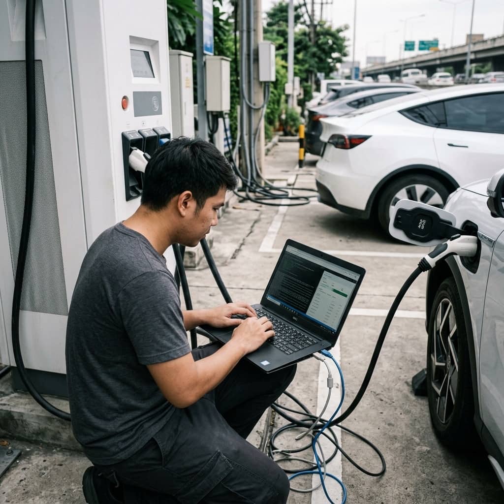 ภาพจำลองตัวอย่างเพื่อประกอบการอธิบาย: การเชื่อมต่อโปรโตคอลมาตรฐาน OCPP 1.6 / 2.0.1 สำหรับระบบบริหารจัดการสถานีชาร์จ EV