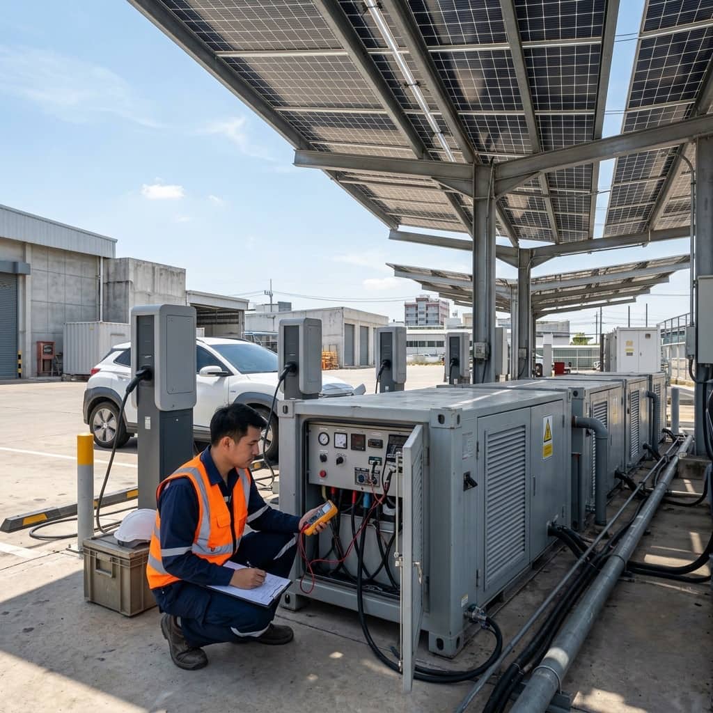 ภาพจำลองตัวอย่างเพื่อประกอบการอธิบาย: สถานีชาร์จรถไฟฟ้าพลังงานแสงอาทิตย์ร่วมกับระบบแบตเตอรี่บัฟเฟอร์ (Solar EV Charging Hub)