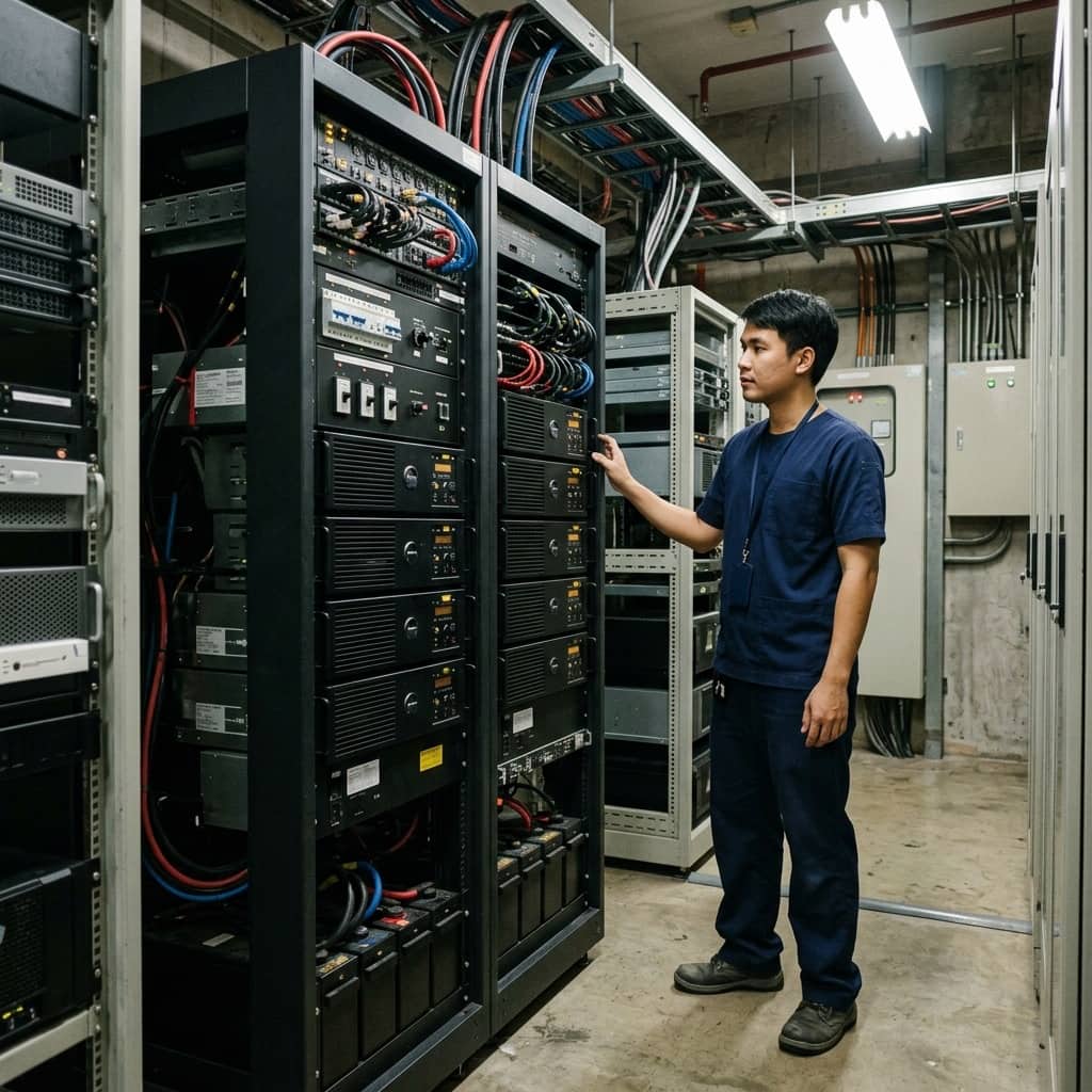 ภาพจำลองตัวอย่างเพื่อประกอบการอธิบาย: ระบบสำรองไฟ UPS แบบ Online Double-Conversion และการคำนวณระยะเวลาแบตเตอรี่