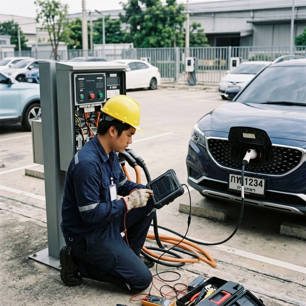 ภาพจำลองตัวอย่างเพื่อประกอบการอธิบาย: เทคโนโลยี Vehicle-to-Grid (V2G): การจ่ายไฟย้อนกลับจากแบตเตอรี่รถ EV สู่ระบบไฟฟ้า
